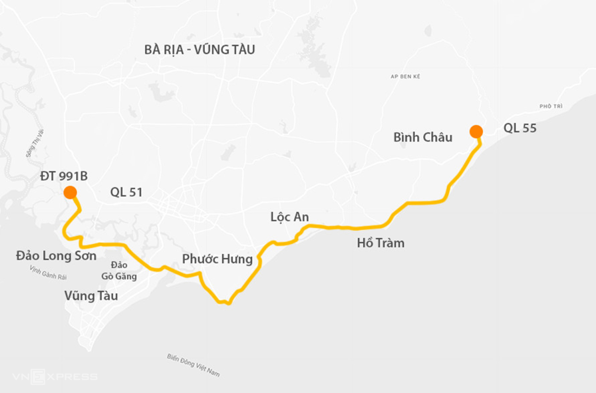 Điểm đầu dự án giao đường 991B ở thị xã Phú Mỹ, điểm cuối giao quốc lộ 55 tại xã Bình Châu, huyện Xuyên Mộc