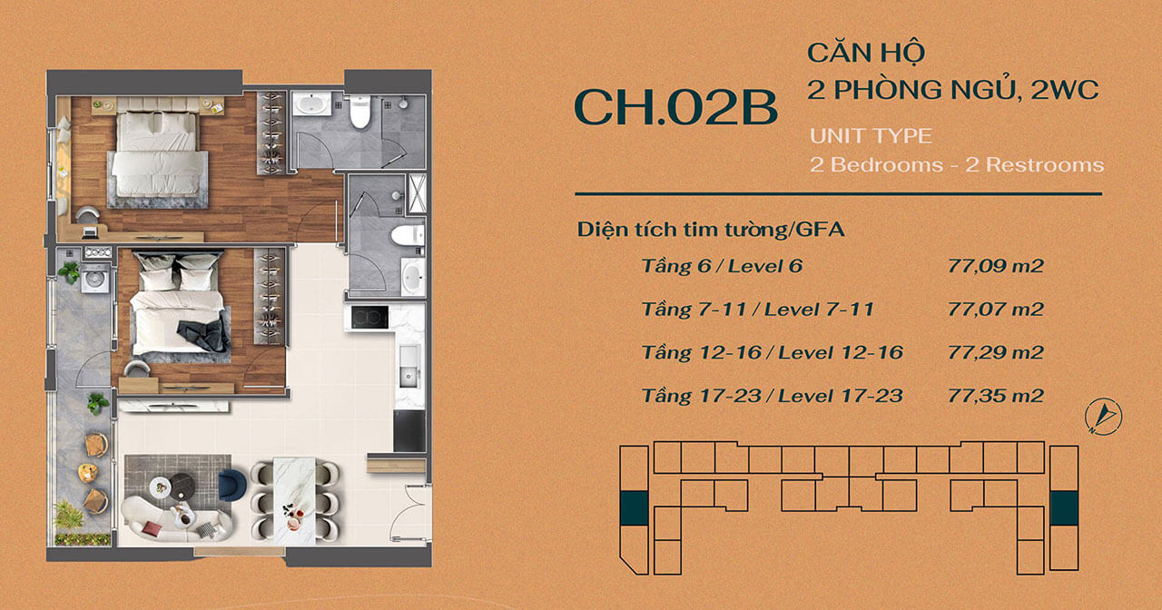 Layout Căn hộ 2 phòng ngủ Vũng Tàu Centre Point